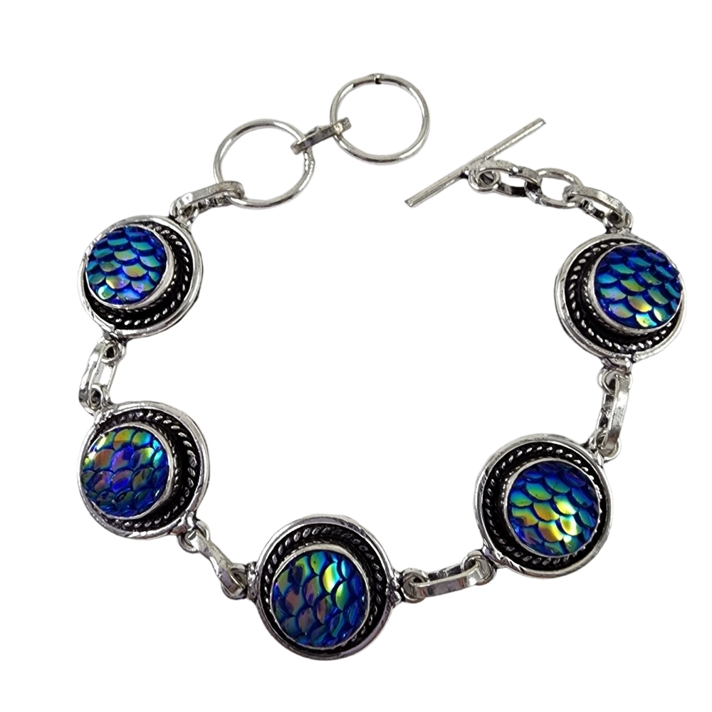 Mermaid bracelet blue carved titanium set in silver overlay